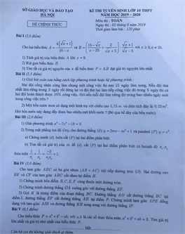 Đáp án đề thi môn Toán vào lớp 10 tại Hà Nội năm 2019 - 2020 