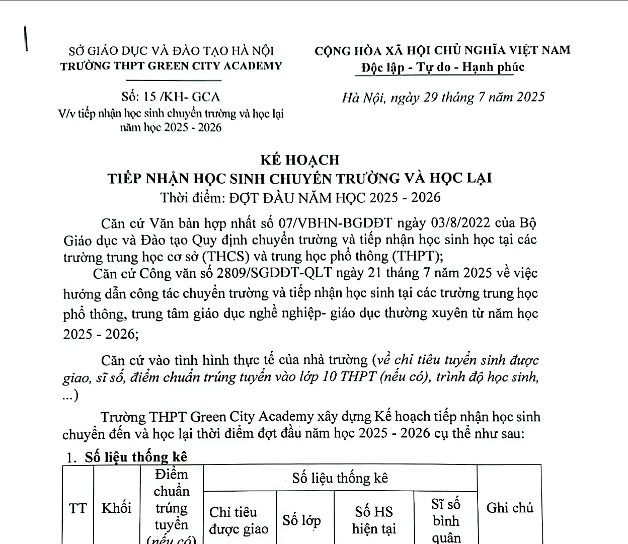 Kế hoạch tiếp nhận học sinh chuyển trường và học lại Đợt đầu năm học 2025 – 2026